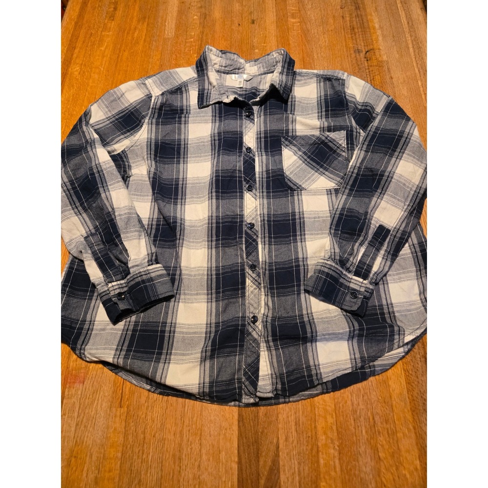 Time and Tru Women XXL Blue White Plaid Flannel Long Sleeve Button Down Shirt